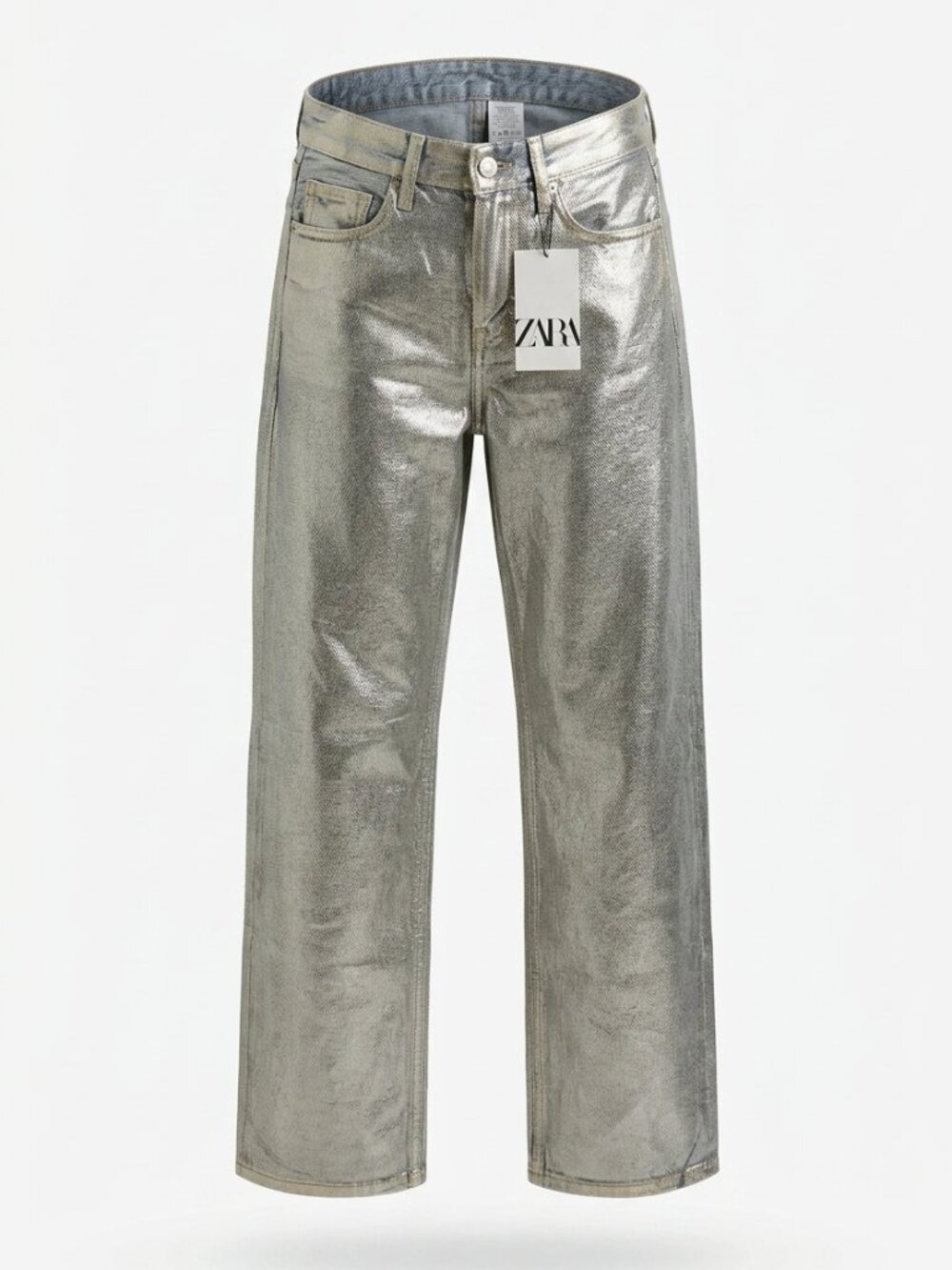 Zara Metallic Silver Straight-Leg Jeans Size 0 NWT | Statement Denim